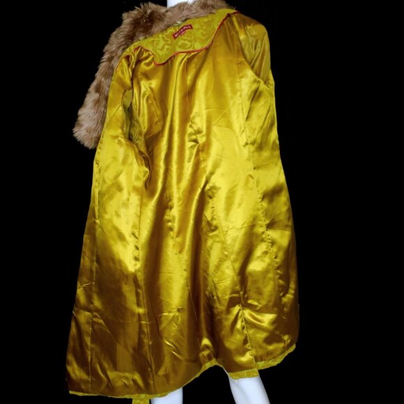 Y2K Merona Brocade Jacquard Damask Gold Coat Faux Fur Collar Penny Lane Tapestry - Picture 7 of 10